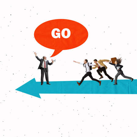 Contemporary art collage. Senior businessman shouting at running employees