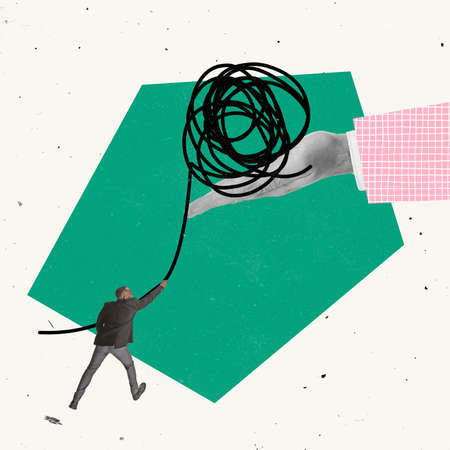 Contemporary art collage. Businessman, employee pulling tangled ball, trying to find solution and solve the problemの写真素材