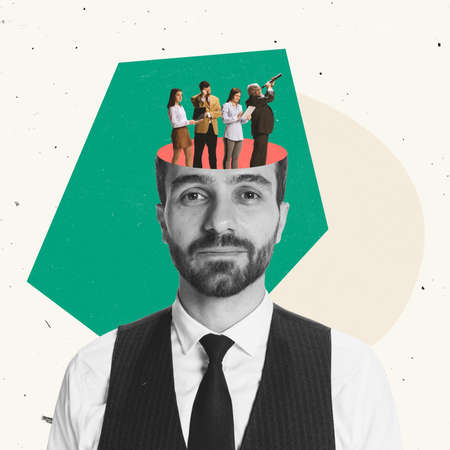 Contemporary art collage. Office workers, employees communicating inside giant head symbolizing teamwork and ideasの写真素材