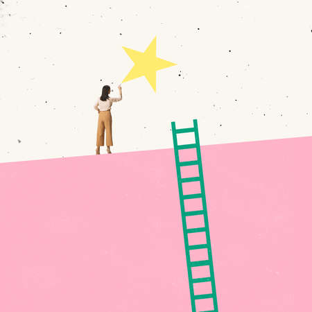 Contemporary art collage. Bussinesswoman, motivated employee reached the top, star symbolizing successful workの写真素材