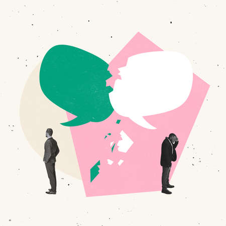 Creative design. Cotemporary art collage of two employees, businessmen having failure in...
