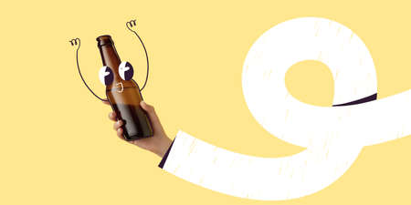 Creative design. Contemporary art collage. Male hand holding beer bootle with drawn cartoon eyes and hands. Flyerの写真素材