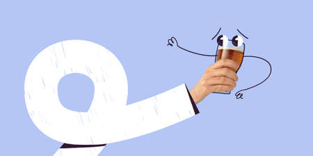 Contemporary art collage. Male hand holding galls of ladger beer with drawn cartoon elements isolated over blue backgroundの写真素材