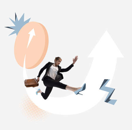 Contemporary art collage. Ambitious businesswoman, motivated employee running upwards arrow symbolizing way to successの写真素材