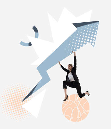 Contemporary art collage. Ambitious woman, employee lifting up heavy barbell symbolizing hard way to successの写真素材