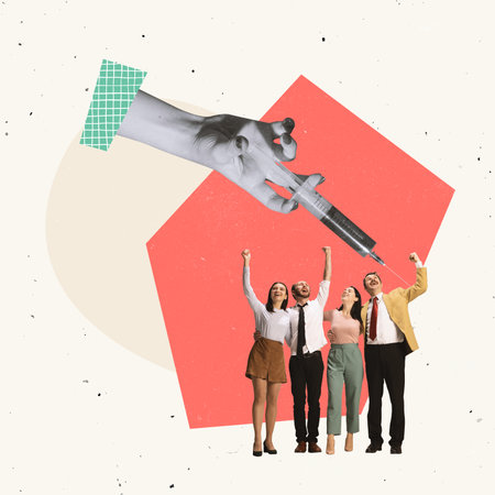 Creative design. Group of happy people, office workers got vaccinatedの写真素材