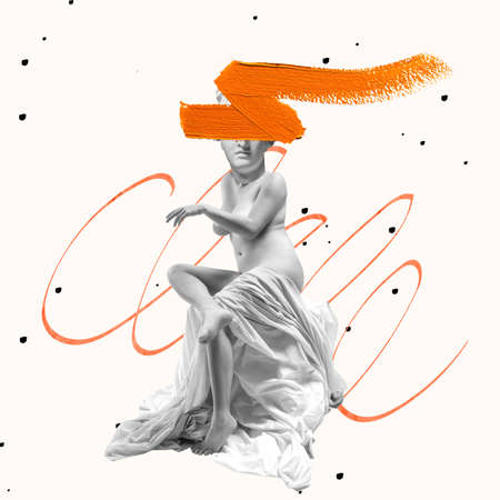 Contemporary art collage. Beautiful tender female body in transparent cloth with antique statue bust head isolated over white backgroundの写真素材