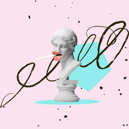 Contemporary art collage. Female antique statue bust with red mouth and cigarette isolated over light pink backgroundの写真素材
