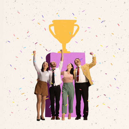 Creative design, contemporary art collage of group of people celebrating victory near gold cup trophy symbolの写真素材