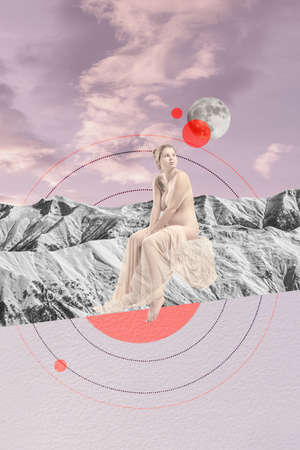 Creative design. Contemporary art collage. Tender young woman covered with transparent fabrik isolated over mountain backgroundの写真素材