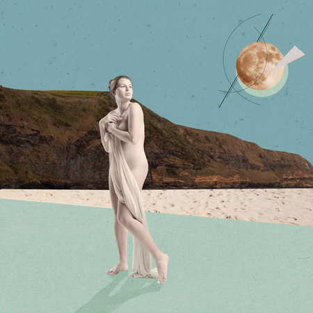 Creative design. Contemporary art collage. Beautiful young woman covered with transparent fabrik standing isolated over beach backgroundの写真素材