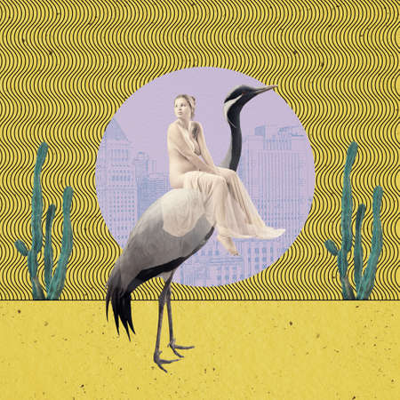 Contemporary art collage. Young woan in transparent cloth sitting on heron over desert backgroundの写真素材