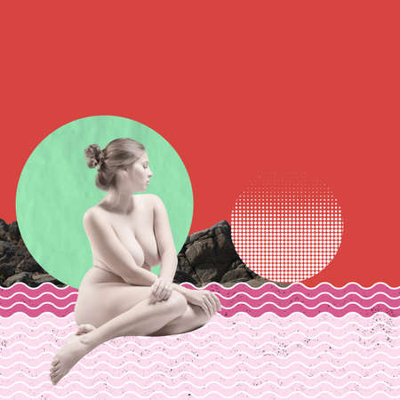 Contemporary art collage. Young tender woman sitting naked isolated over red backgroundの写真素材