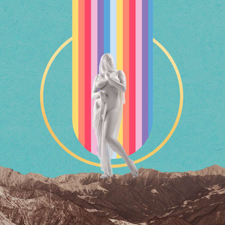 Contemporary art collage. Young girl having face and body covered with transparent cloth isolated over rainbow backgroundの写真素材