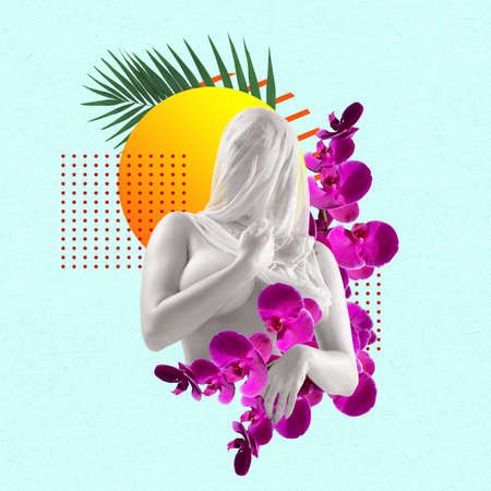 Creative design. Female bust covered with transparent viel and orchid flowers isolated over blue backgroundの写真素材