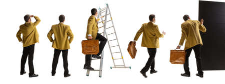 Collage. Man in yellow jacket with retro suitcase standing in a line with different actions isolated...