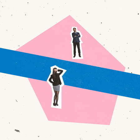 Creative design. Two employees standing opposite each other, discussing business questions