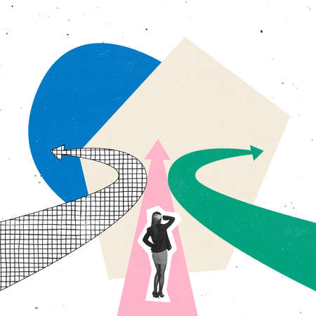 Creative design. Woman, office workers looking at multiple arrow directions, thinking about correct way to goの写真素材