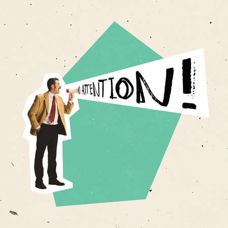 Creative design. Businessman, boss, manager shouting in megaphone, exclaiming important informationの写真素材