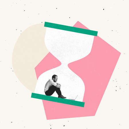 Creative design, contemporary art collage of sad, unhappy looking man sitting in sandglass symbolizing deadlinesの写真素材