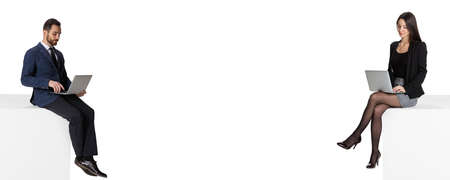 Collage. two managers, business people working on laptop isolated over white backgroundの写真素材