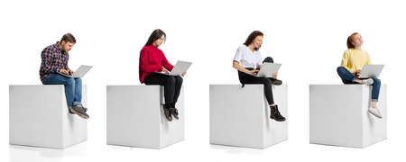 Collage. Young employees working on laptop, software developers working on new project isolated over...