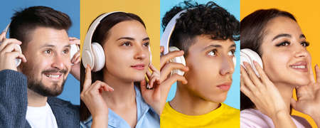 Collage. Young cheerful people, men and women listening to music in headphones isolated over multicolored backgroundの写真素材