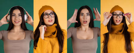 Collage. Portraits of young beautiful girl posing with different emotions isolated over green and yellow backgroundの写真素材
