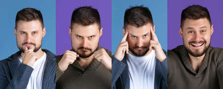 Collage. Portraits of young man with joyful and thoughtful expressions isolated over blue and purple backgroundの写真素材