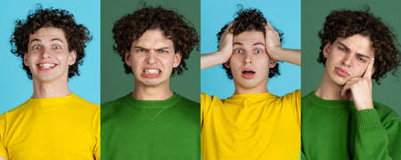Collage. Portraits of young curly man with emotion of happiness, stress and boredom posing isolated over blue and green backgroundの写真素材