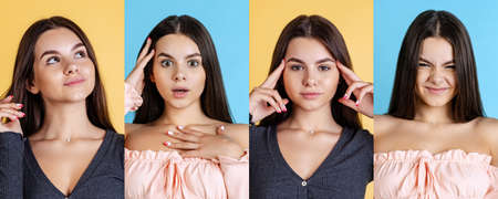 Collage. Portraits of young beautiful girl with emotions of happiness and stress isolated over multicolored backgroundの写真素材
