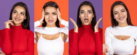 Collage. Portraits of young beautiful girl with emotions of happiness and stress isolated over multicolored backgroundの写真素材