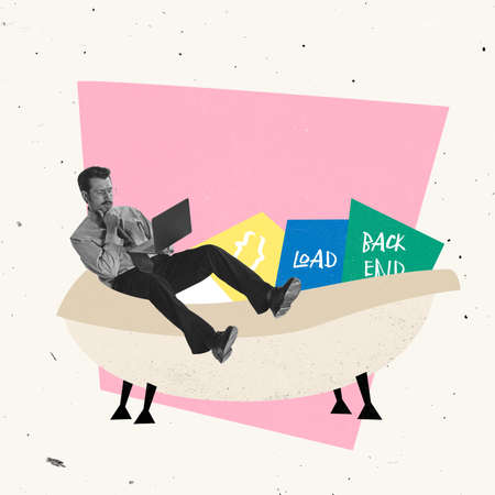 Creative design. Thoughtful man workinmg on developing application, backendの写真素材