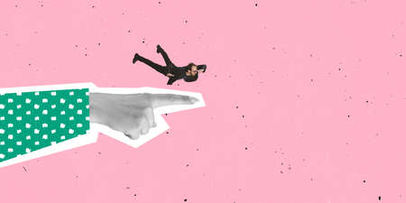 Contemporary art collage. Businessman flying forward and giant hand showing direction to success