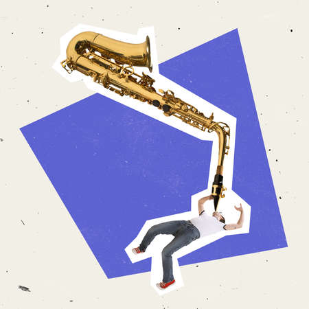 Contemporary art collage. Creative man lying and playing saxophone isolated over multicolored backgroundの写真素材