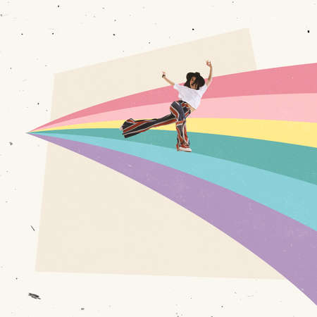 Colorful design. Contemporary art collage. Cheerful, joyful young woman in stylish cloth dancing on rainbowの写真素材