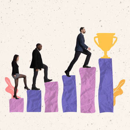 Contemporary art collage. Motivated employees going up the graph, rising career ladder