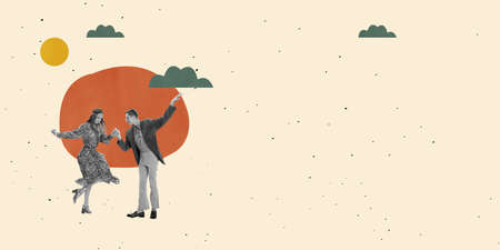 Contemporary art collage. Yougn beautiful couple in vintage costumes dancing isolated over pastel backgroudの写真素材