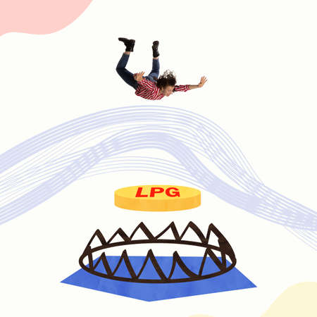 Creative design. Businessman, employee falying above gas trap symbolizing gas production and...