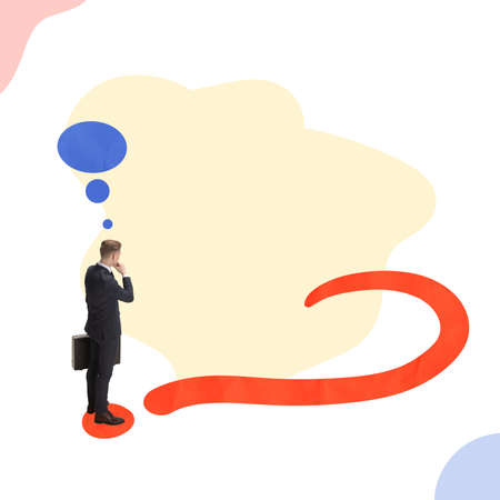 Creative desing. Young man, motivated, ambitious employee standing near giant question mark