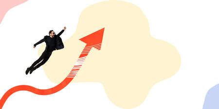 Creative design. Businessman, office manager flying like superhero near arrow going upwards...