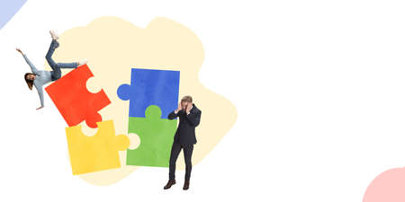 Contemporary art collage. Businesswoman falling down, team challenging collapse and failureの写真素材