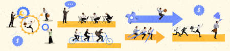 Creative design. Collage. Business people, managers, analytics of the company working together on...