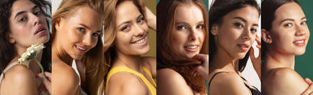 Collage. Portraits of beautiful young women smiling, posing, looking at cameraの写真素材