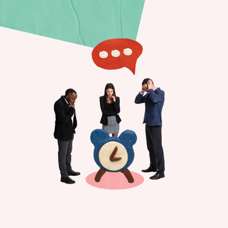 Creative design. Three desperate employees, office workers in shock looking at alarm, symbolizing failure of deadline termsの写真素材