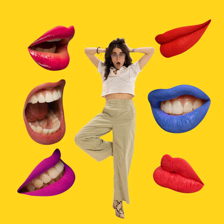Contemporary art collage. Young stylish woman standing around talking mouths isolated over yellow backgroundの写真素材