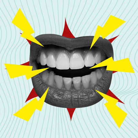 Conceptual image. Giant female mouth with appearing lightning elements symbolizing burst of emotionsの写真素材