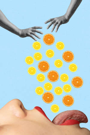 Contemporary art collage. Oranges and lemons falling into open female mouth symbolizing need of vitaminsの写真素材