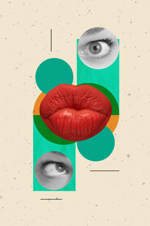 Contemporary art collage. Mosaic design. Female face part expressing different emotionsの写真素材