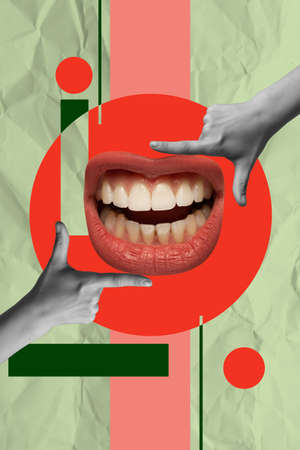 Contemporary art collage with female mouth and hands symbolizing expression of feelingsの写真素材